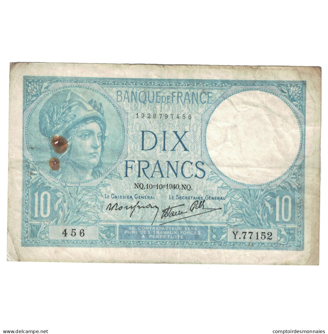 France, 10 Francs, Minerve, 1940, 1940-10-10, TB+, Fayette:07.16, KM:84 - 10 F 1916-1942 ''Minerve''