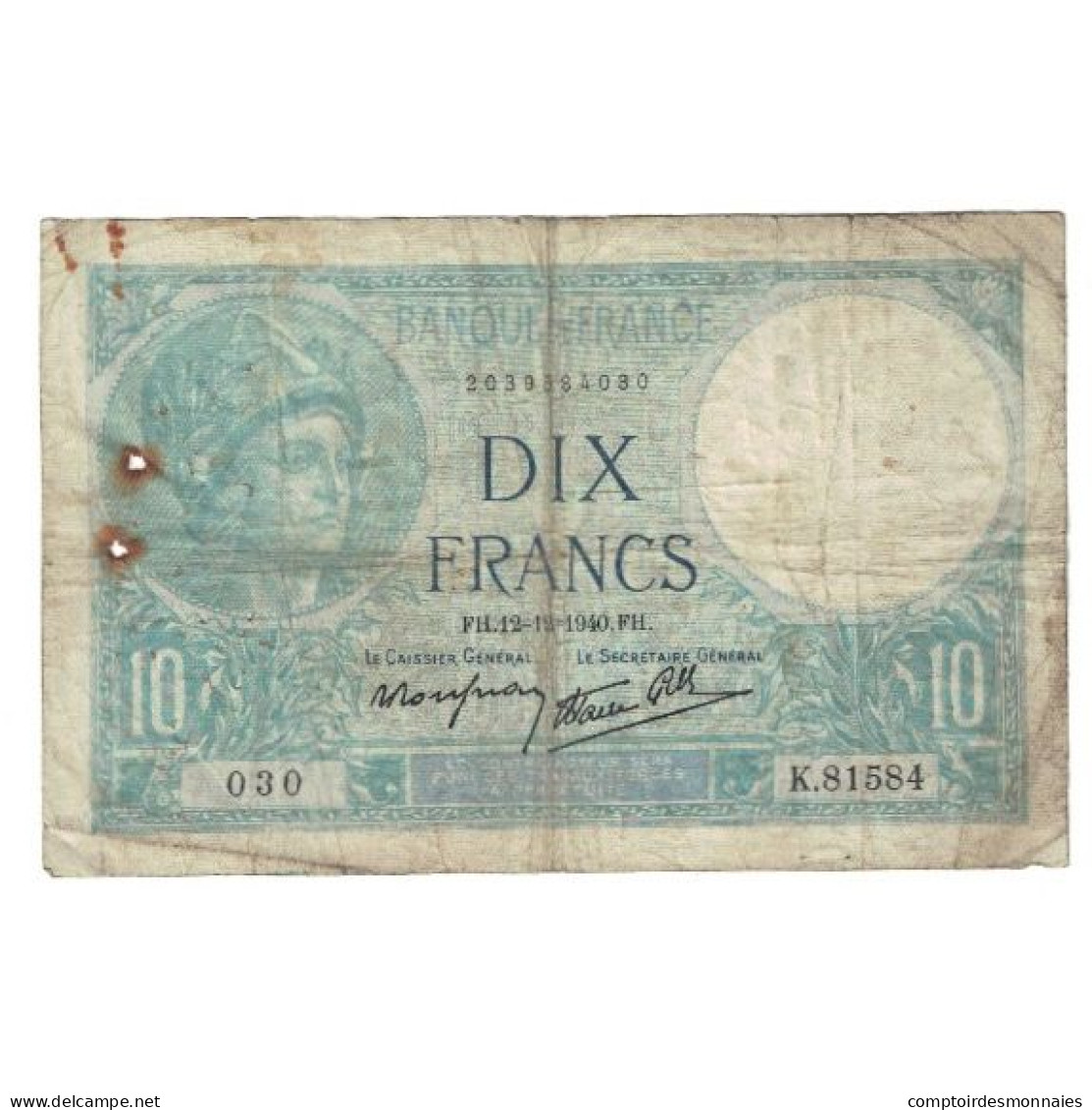 France, 10 Francs, Minerve, 1940, 1940-12-12, TB, Fayette:07.24, KM:84 - 10 F 1916-1942 ''Minerve''