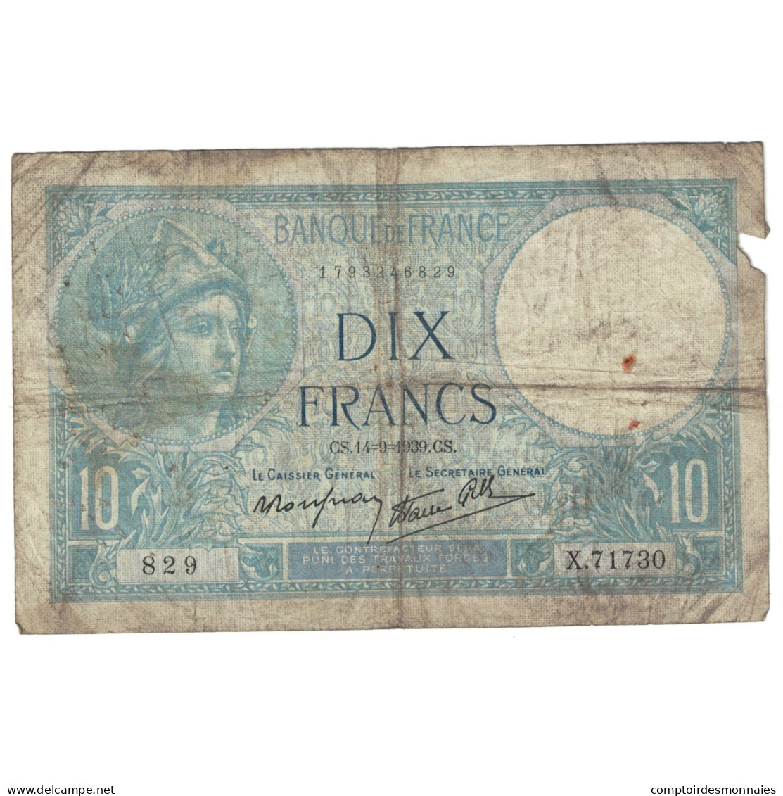 France, 10 Francs, Minerve, 1939, 1939-09-14, B, Fayette:7.7, KM:84 - 10 F 1916-1942 ''Minerve''