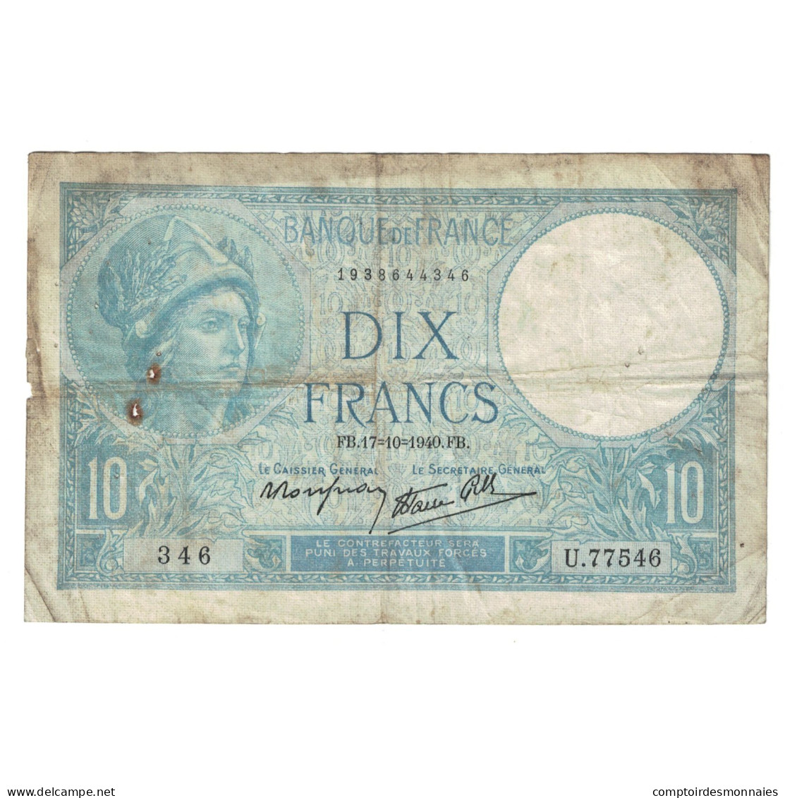 France, 10 Francs, Minerve, 1940, 1940-10-17, TB, Fayette:07.17, KM:84 - 10 F 1916-1942 ''Minerve''