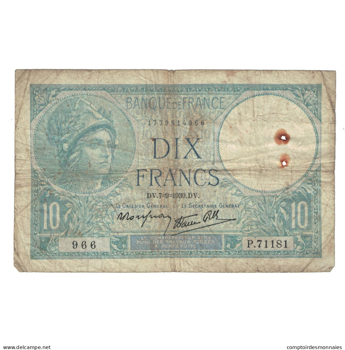 France, 10 Francs, Minerve, 1939, 1939-09-07, B, Fayette:07.06, KM:84 - 10 F 1916-1942 ''Minerve''
