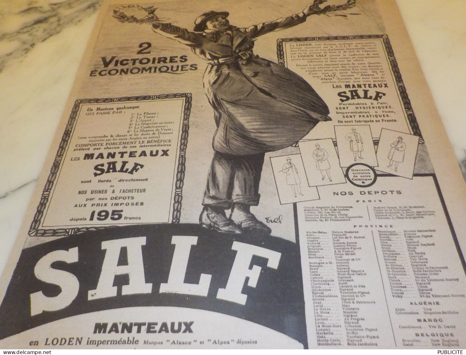 ANCIENNE PUBLICITE 2 VICTOIRES  MANTEAU UNIVERSEL SALF 1921 - Pubblicitari