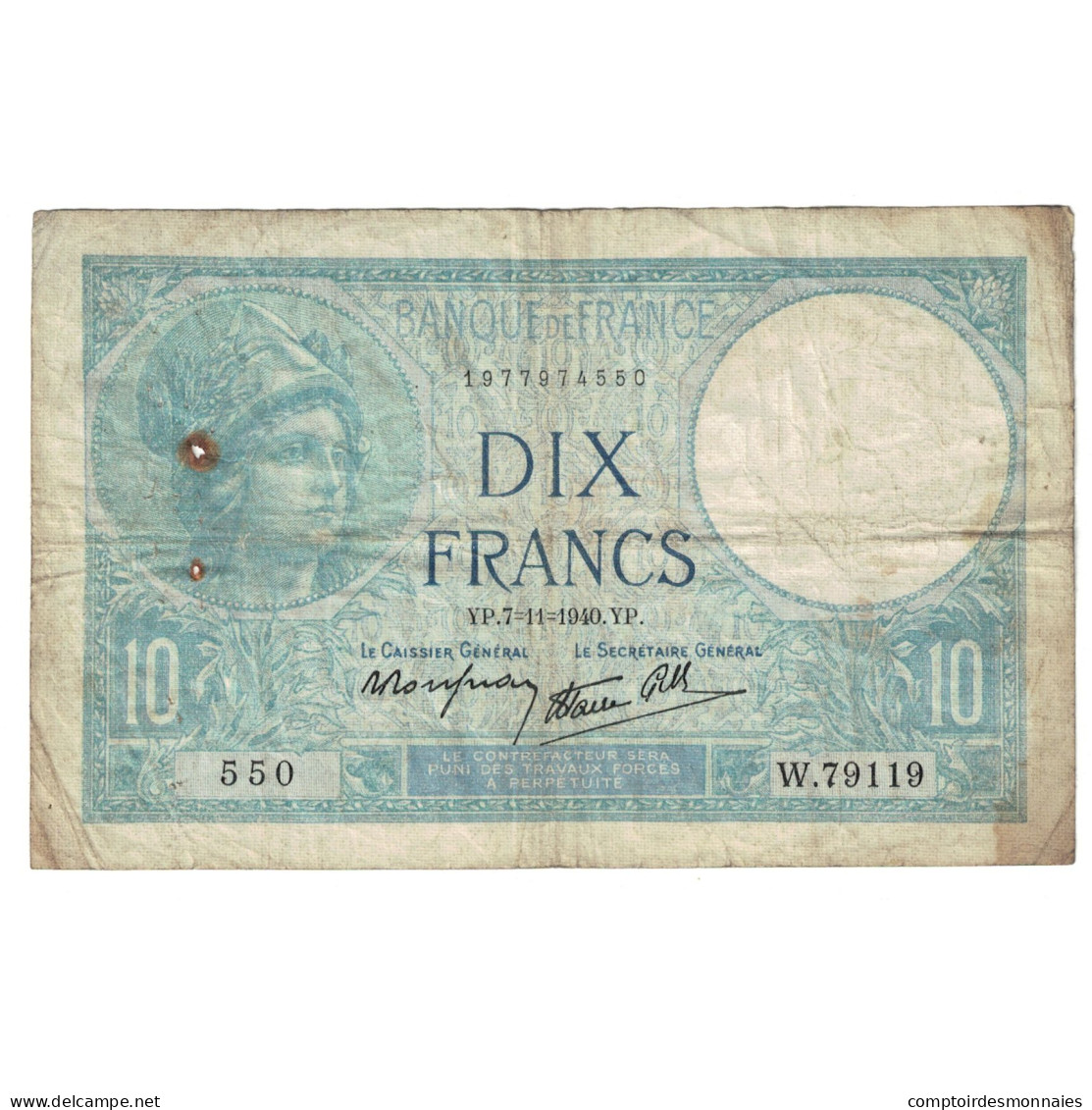 France, 10 Francs, Minerve, 1940, 1940-11-07, TB, Fayette:07.19, KM:84 - 10 F 1916-1942 ''Minerve''