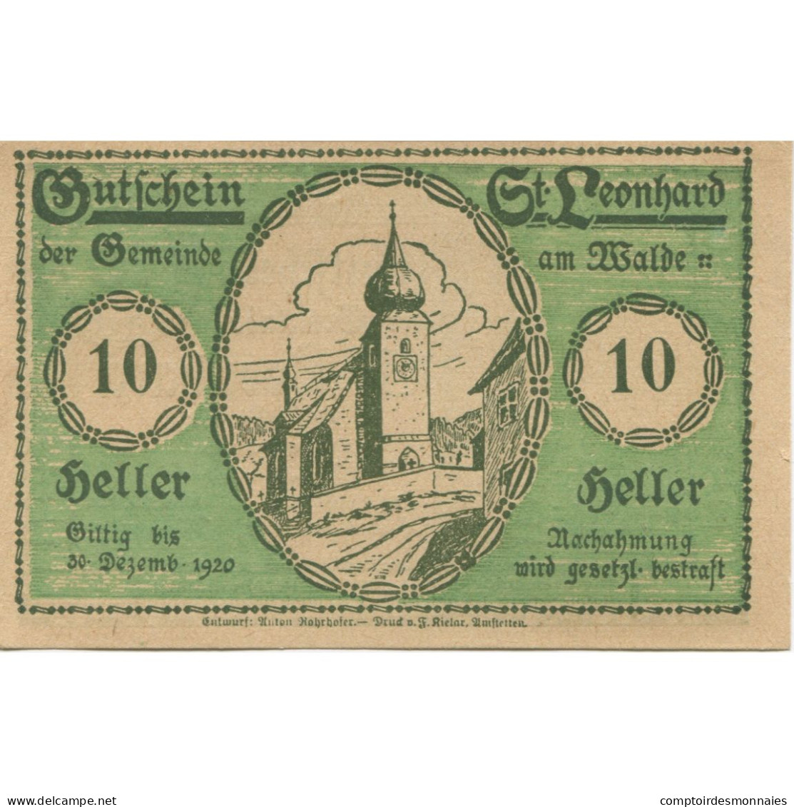 Billet, Autriche, St Leonhard, 10 Heller, Eglise 1920-12-30, SPL Mehl:FS 902c - Autriche