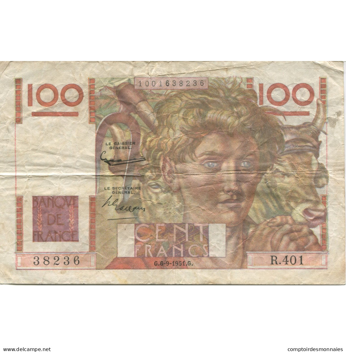 France, 100 Francs, Jeune Paysan, 1951, 1951-09-06, TB+, Fayette:28.29, KM:128d - 100 F 1945-1954 ''Jeune Paysan''