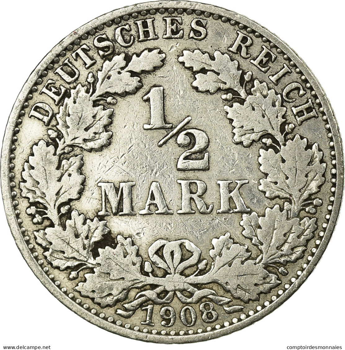 Monnaie, GERMANY - EMPIRE, 1/2 Mark, 1908, Berlin, TB, Argent, KM:17 - 1/2 Mark