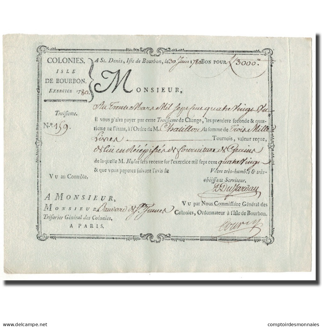 France, Traite, Colonies, Isle De Bourbon, 3000 Livres Tournois, 1780, SUP - ...-1889 Anciens Francs Circulés Au XIXème