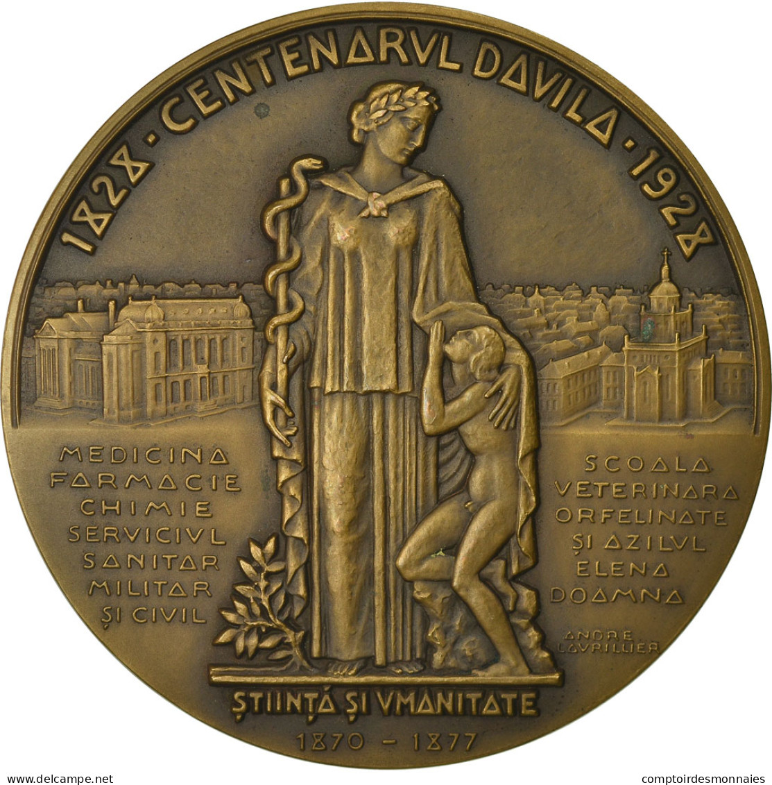 Roumanie, Médaille, Général Docteur Davila, Epreuve D'Auteur, Medicine, 1928 - Andere & Zonder Classificatie