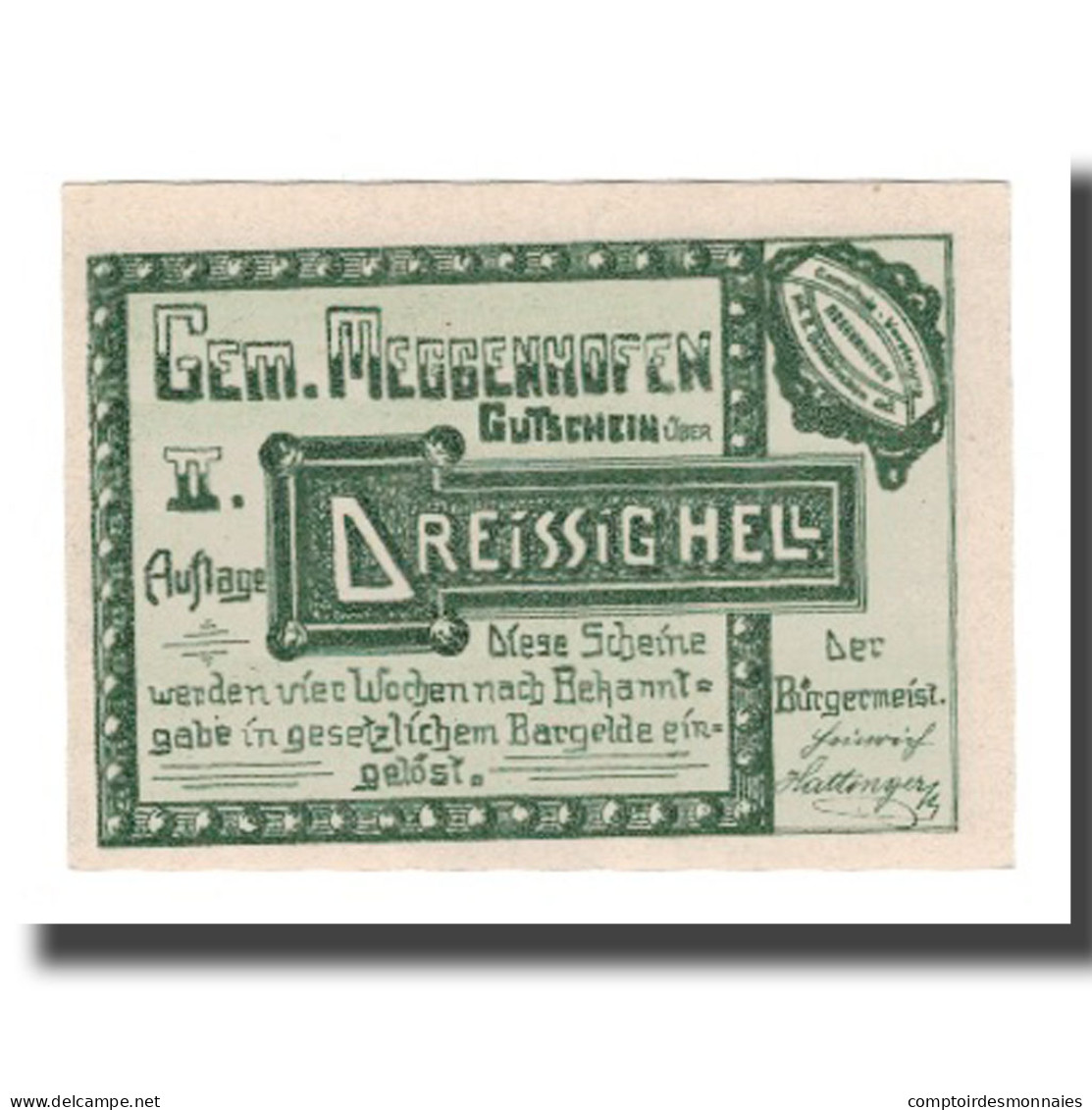 Billet, Autriche, Meggenhofen O.Ö. Gemeinde, 30 Heller, Personnage 1, 1921 - Autriche