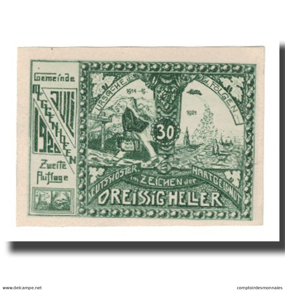 Billet, Autriche, Meggenhofen O.Ö. Gemeinde, 30 Heller, Personnage 1, 1921 - Autriche