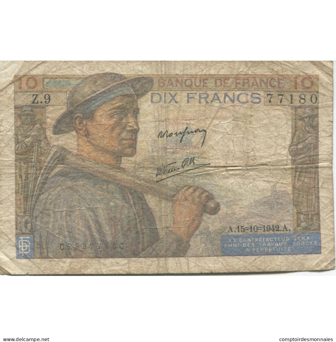 France, 10 Francs, Mineur, 1942, 1942-10-15, TB, Fayette:08.4, KM:99d - 10 F 1941-1949 ''Mineur''