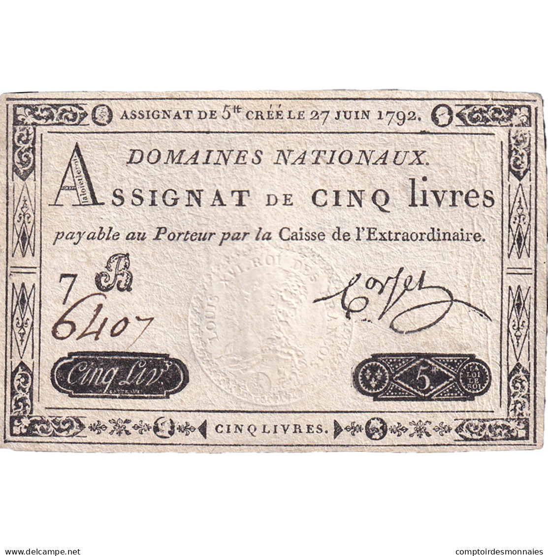 France, 5 Livres, 1792, 7B6407, TTB, KM:A60, Lafaurie:155 - Assignats