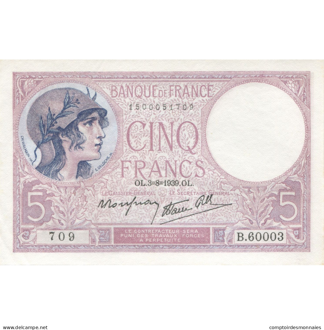 France, 5 Francs, Violet, 1939, 1939-08-03, NEUF, Fayette:04.4, KM:83 - 5 F 1917-1940 ''Violet''