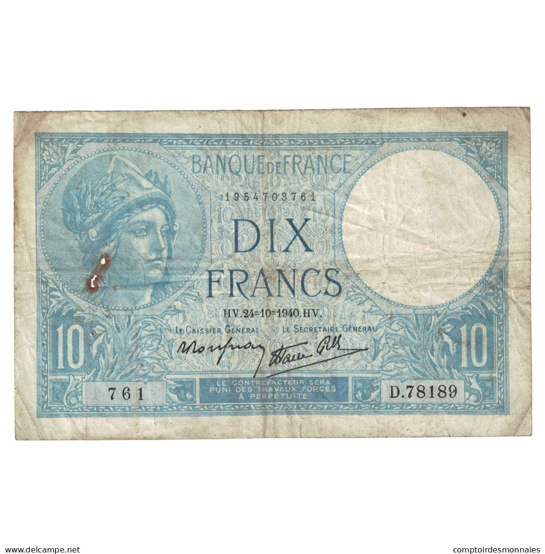 France, 10 Francs, Minerve, 1940, 1940-10-24, TB, Fayette:07.18, KM:84 - 10 F 1916-1942 ''Minerve''