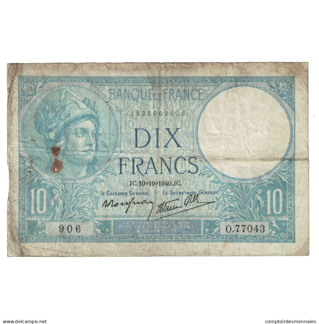 France, 10 Francs, Minerve, 1940, 1940-10-10, TB, Fayette:07.16, KM:84 - 10 F 1916-1942 ''Minerve''