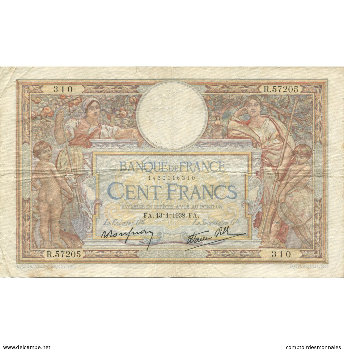 France, 100 Francs, Luc Olivier Merson, 1938, 1938-01-13, TB, Fayette:25.8 - 100 F 1908-1939 ''Luc Olivier Merson''