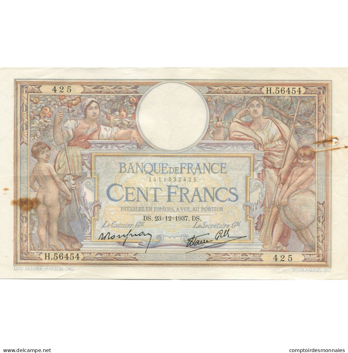 France, 100 Francs, Luc Olivier Merson, 1937, 1937-12-23, TB, Fayette:25.6 - 100 F 1908-1939 ''Luc Olivier Merson''