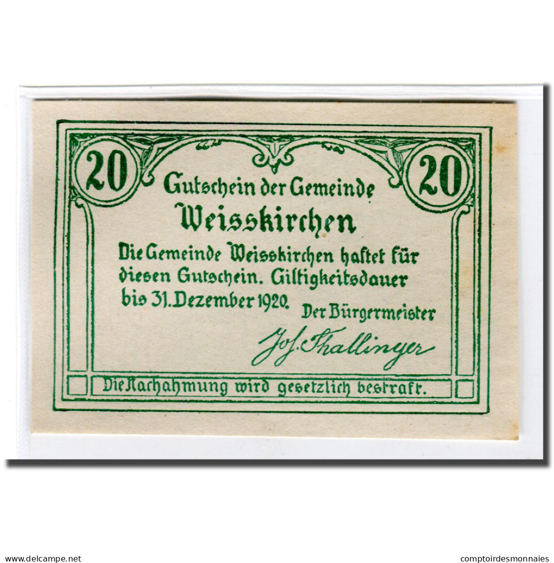 Billet, Autriche, Weisskirchen O.Ö. Gemeinde, 20 Heller, Texte, 1920, SPL - Austria