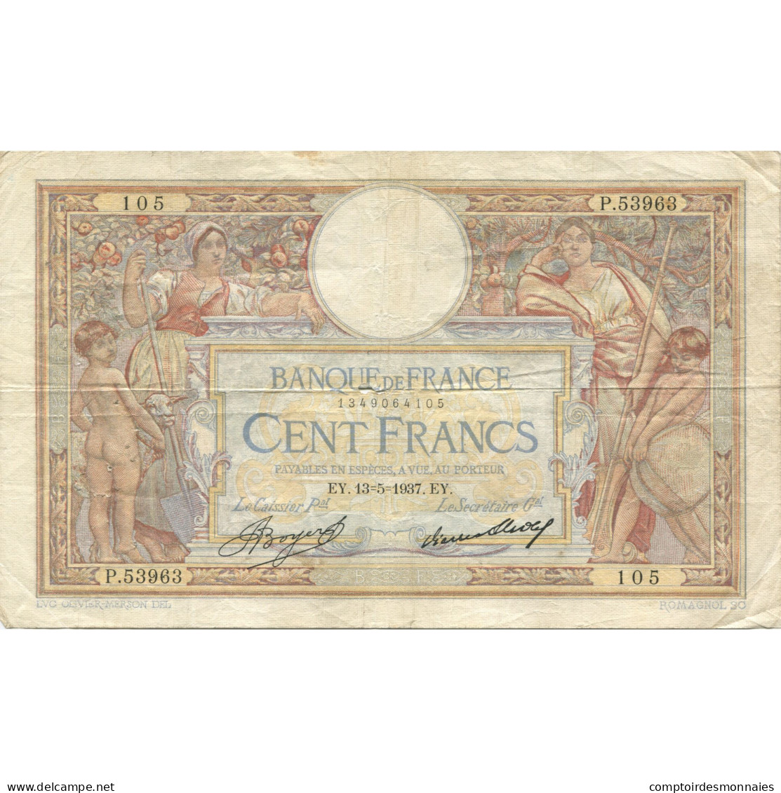 France, 100 Francs, Luc Olivier Merson, 1937, 1937-05-13, TB, Fayette:24.16 - 100 F 1908-1939 ''Luc Olivier Merson''