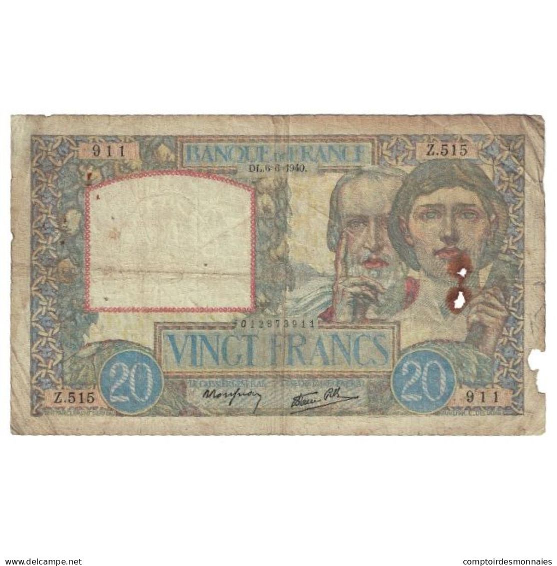 France, 20 Francs, Science Et Travail, 1940, 1940-06-06, B, Fayette:12.3, KM:92a - 20 F 1939-1942 ''Science Et Travail''