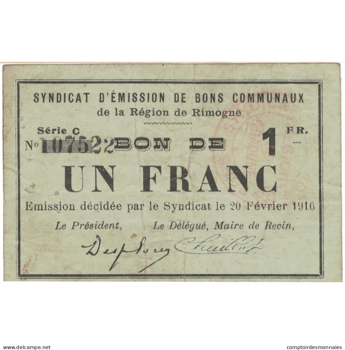 France, Rimogne, 1 Franc, 1916, TB - Bons & Nécessité