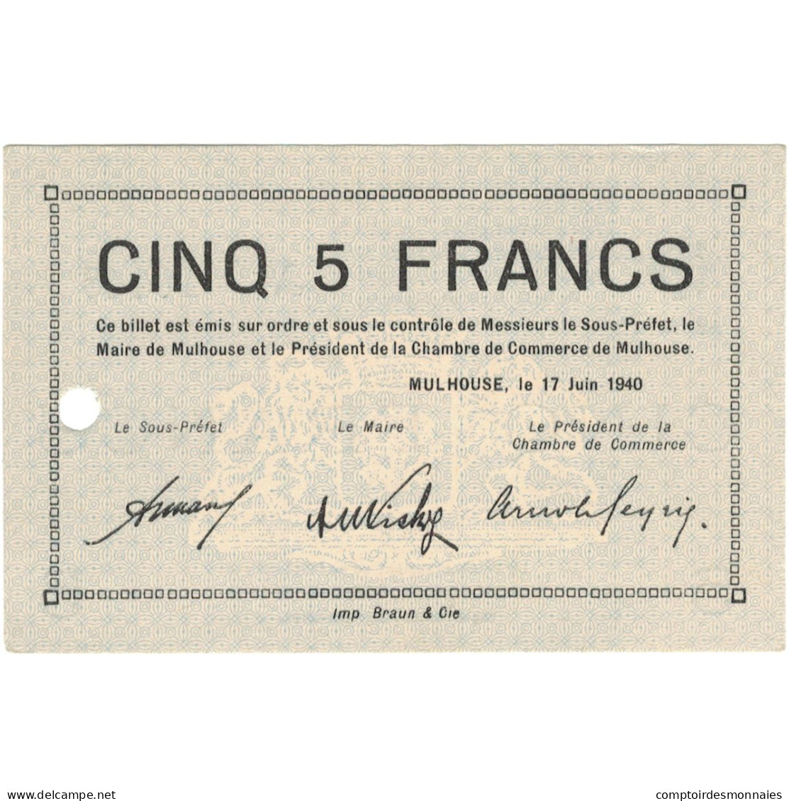 France, Mulhouse, 5 Francs, 1940, SPL - Bons & Nécessité