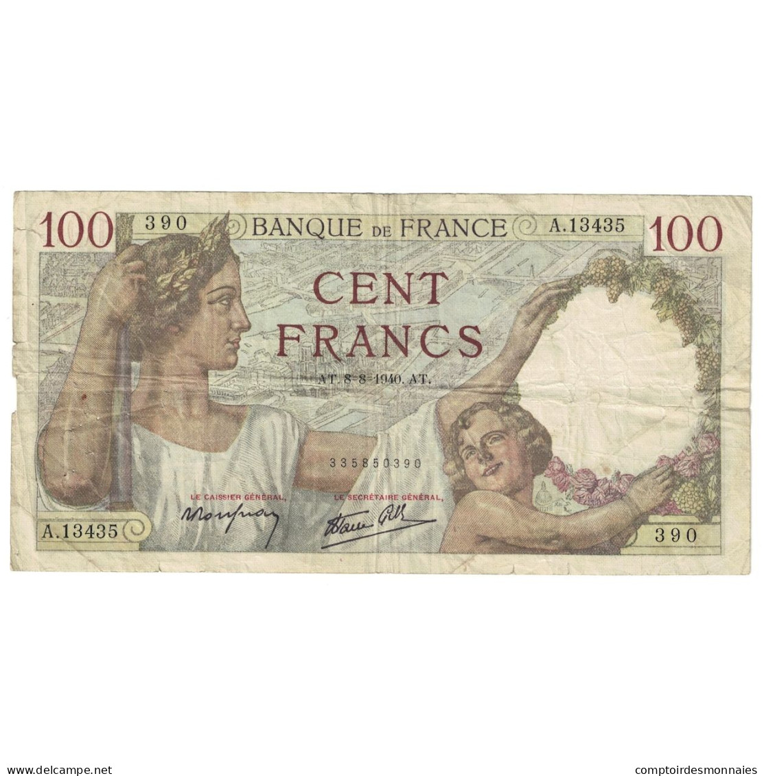 France, 100 Francs, Sully, 1940, 1940-08-08, B+, Fayette:26.35, KM:94 - 100 F 1939-1942 ''Sully''