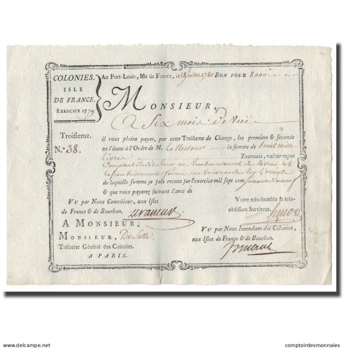 France, Traite, Colonies, Isle De France, 8000 Livres Tournois, 1780, SUP - ...-1889 Anciens Francs Circulés Au XIXème