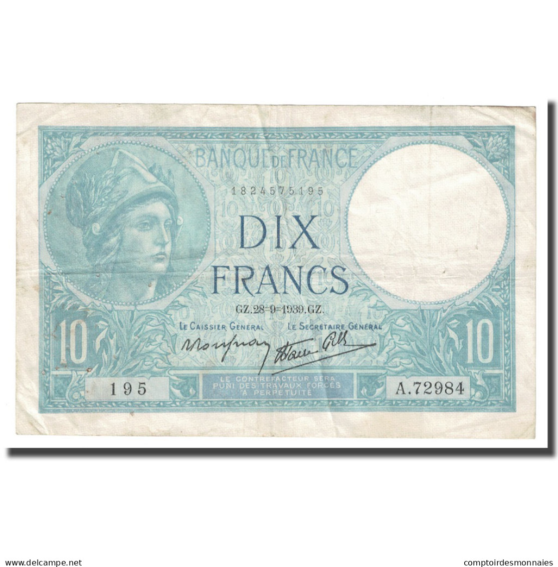 France, 10 Francs, Minerve, 1939, 1939-09-28, TTB+, Fayette:7.9, KM:84 - 10 F 1916-1942 ''Minerve''