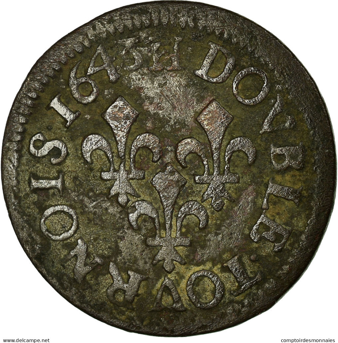 Monnaie, France, Louis XIII, Double Tournois, 1643, La Rochelle, TB, Cuivre - 1610-1643 Louis XIII Le Juste