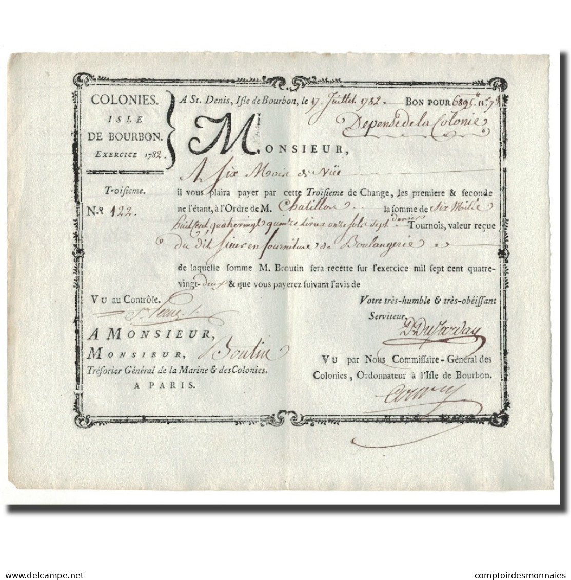 France, Traite, Colonies, Isle De Bourbon, 6895 Livres Tournois, 1782, SUP - ...-1889 Circulated During XIXth