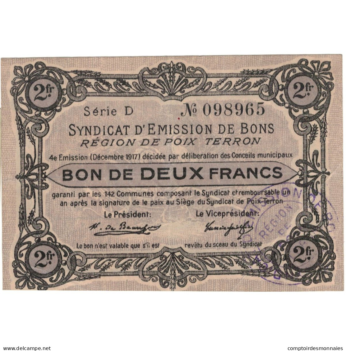France, Poix-Terron, 2 Francs, 1917, Syndicat D'émission / Bon De, SUP - Notgeld