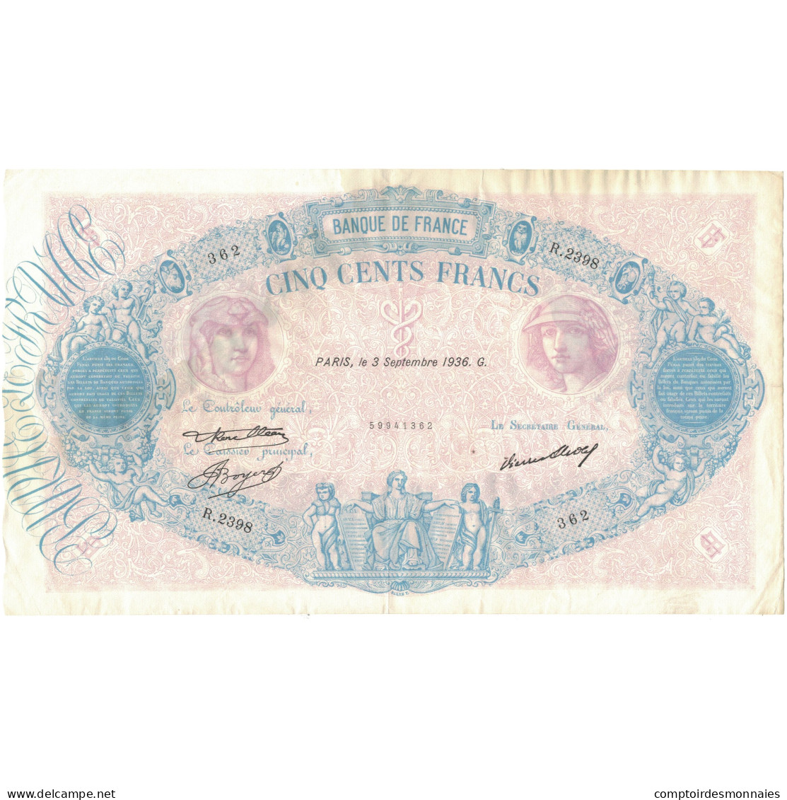 France, 500 Francs, Bleu Et Rose, 1936, R.2398362, SUP+, Fayette:30.37, KM:66m - 500 F 1888-1940 ''Bleu Et Rose''