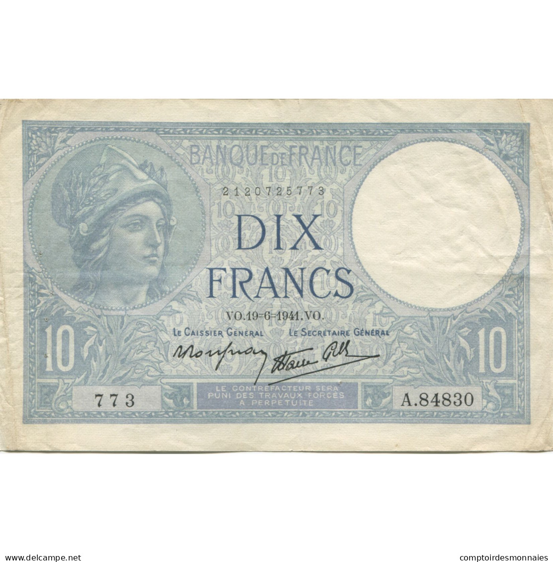 France, 10 Francs, Minerve, 1941, 1941-06-19, TTB+, Fayette:7.29, KM:84 - 10 F 1916-1942 ''Minerve''