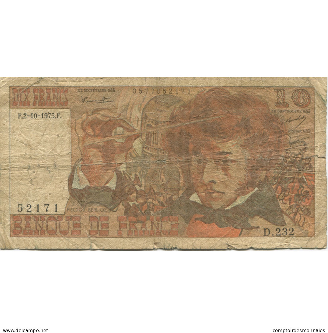 France, 10 Francs, Berlioz, 1975, 1975-10-02, AB, Fayette:63.13, KM:150b - 10 F 1972-1978 ''Berlioz''