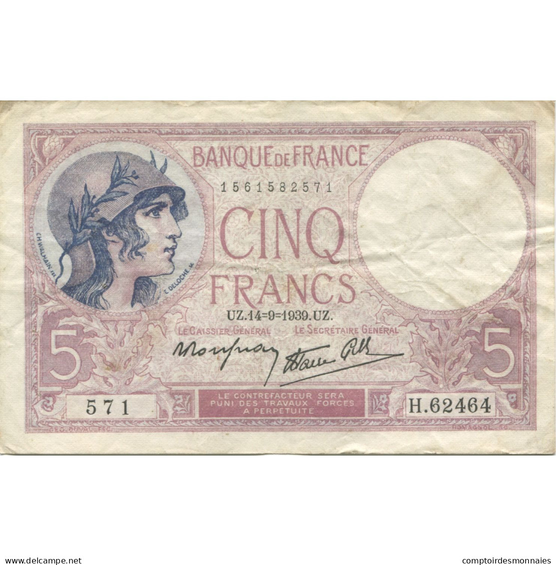 France, 5 Francs, Violet, 1939, 1939-09-14, TTB, Fayette:04.08, KM:83 - 5 F 1917-1940 ''Violet''