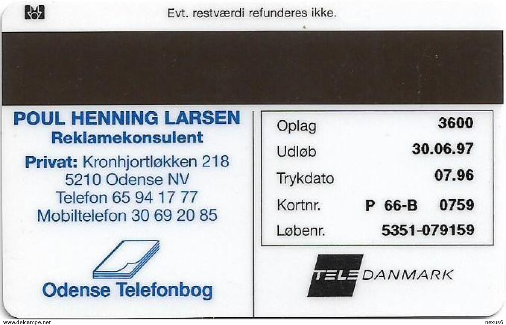 Denmark - Tele Danmark (Magnetic) - Odense Telefonbog - P.H.Larsen - TDP066B - 5Kr, 07.1996, 600ex, Mint - Danemark