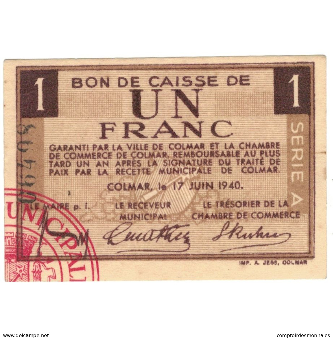 France, Colmar, 1 Franc, 1940, SPL - Notgeld