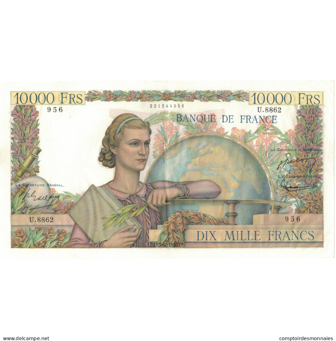 France, 10,000 Francs, 1956, U.8862956, SPL, Fayette:50.8, KM:132d - 10 000 F 1945-1956 ''Génie Français''