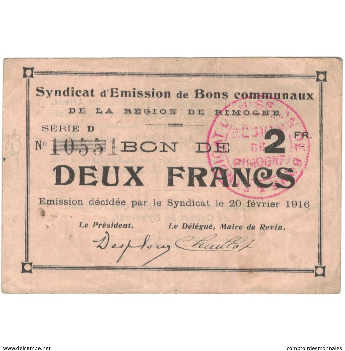 France, Rimogne, 2 Francs, 1916, TTB+, Pirot:08-284 - Bons & Nécessité