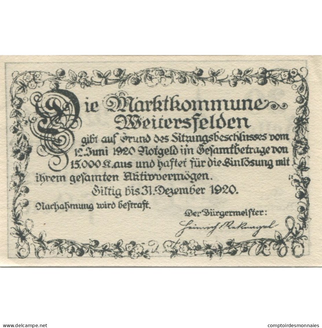 Billet, Autriche, Weitersfelden, 30 Heller, Eglise 1920-12-31, SPL Mehl:FS 1164a - Oesterreich