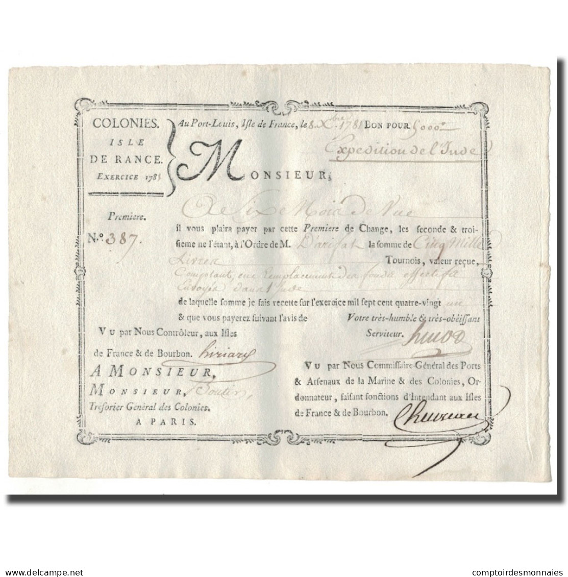 France, Traite, Colonies, Isle De France, 5000 Livres, Expédition De L'Inde - ...-1889 Tijdens De XIXde In Omloop