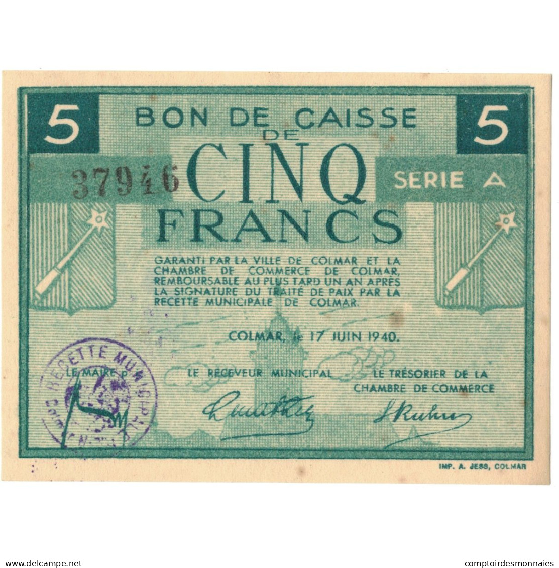 France, Colmar, 5 Francs, 1940, TTB - Bons & Nécessité