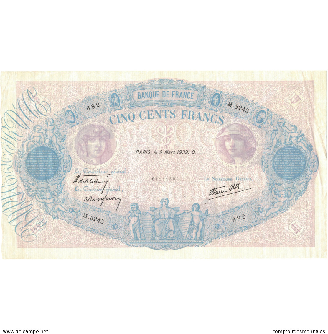 France, 500 Francs, Bleu Et Rose, 1939, M.3245, SUP, Fayette:31.26, KM:88c - 500 F 1888-1940 ''Bleu Et Rose''