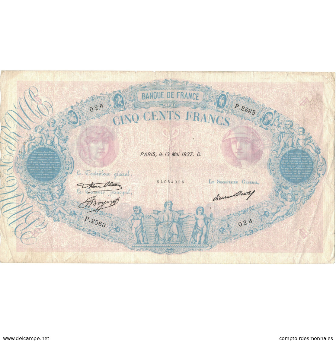 France, 500 Francs, Bleu Et Rose, 1937, P.2563, TB, Fayette:30.38, KM:66m - 500 F 1888-1940 ''Bleu Et Rose''