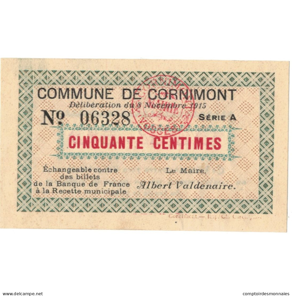 France, Cornimont, 50 Centimes, 1915, Emission Municipale, SPL, Pirot:88-11 - Bonos