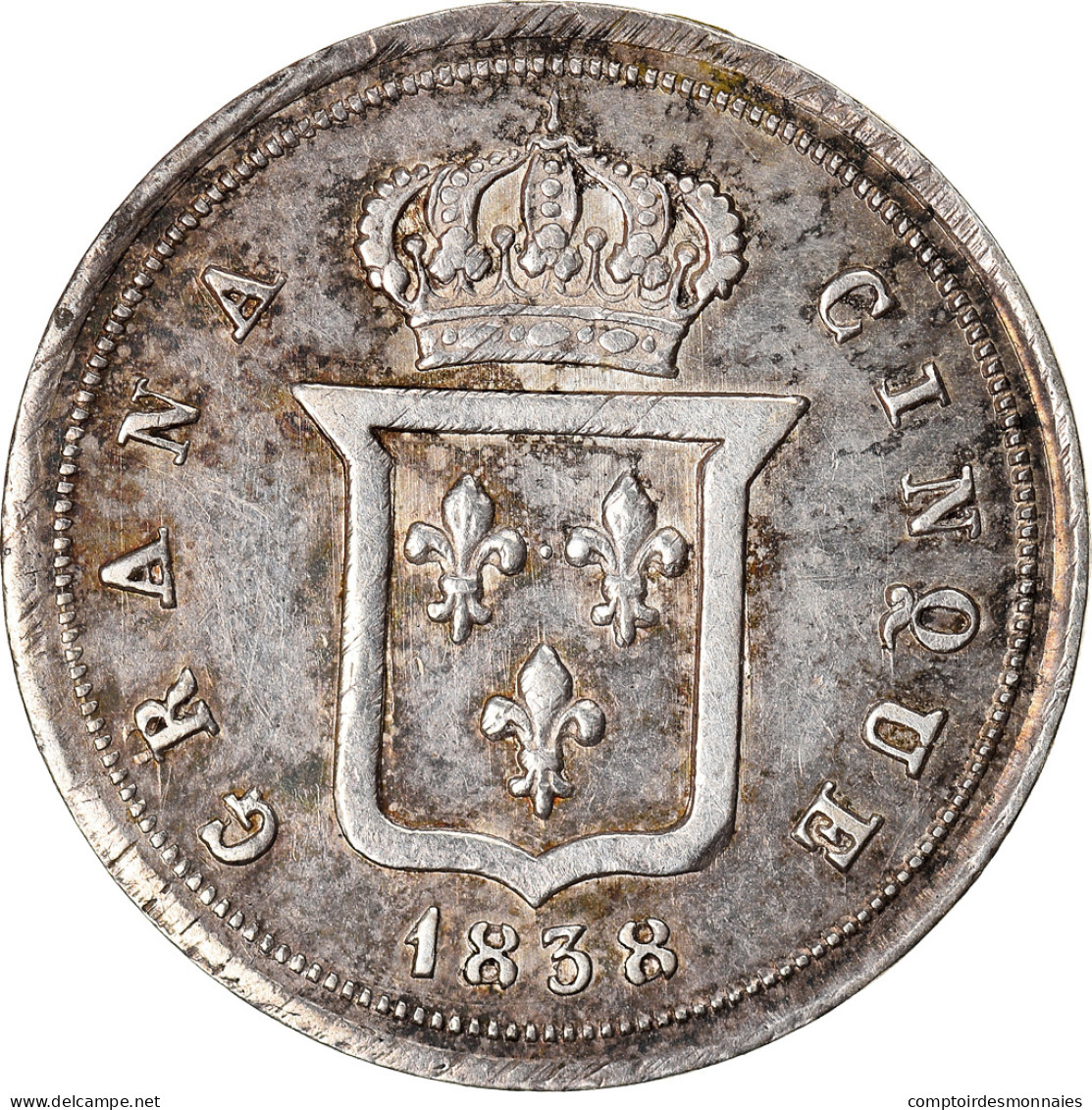 Monnaie, États Italiens, NAPLES, Ferdinando II, 5 Grana, 1838, TTB+, Argent - Nápoles & Sicile