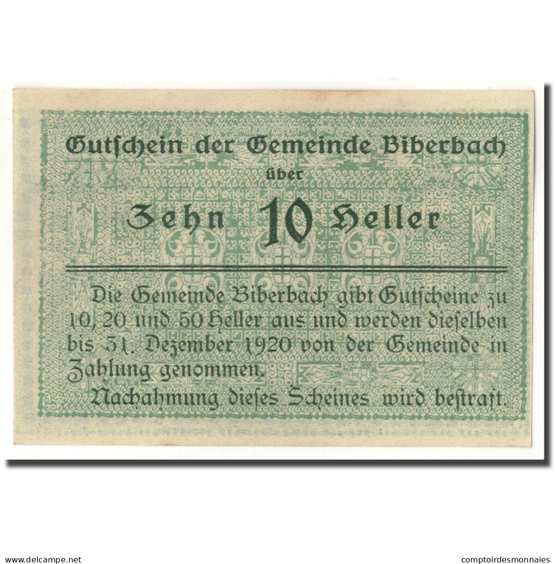 Billet, Autriche, Biberbach, 10 Heller, Paysage, SPL, Mehl:86 Ia - Austria