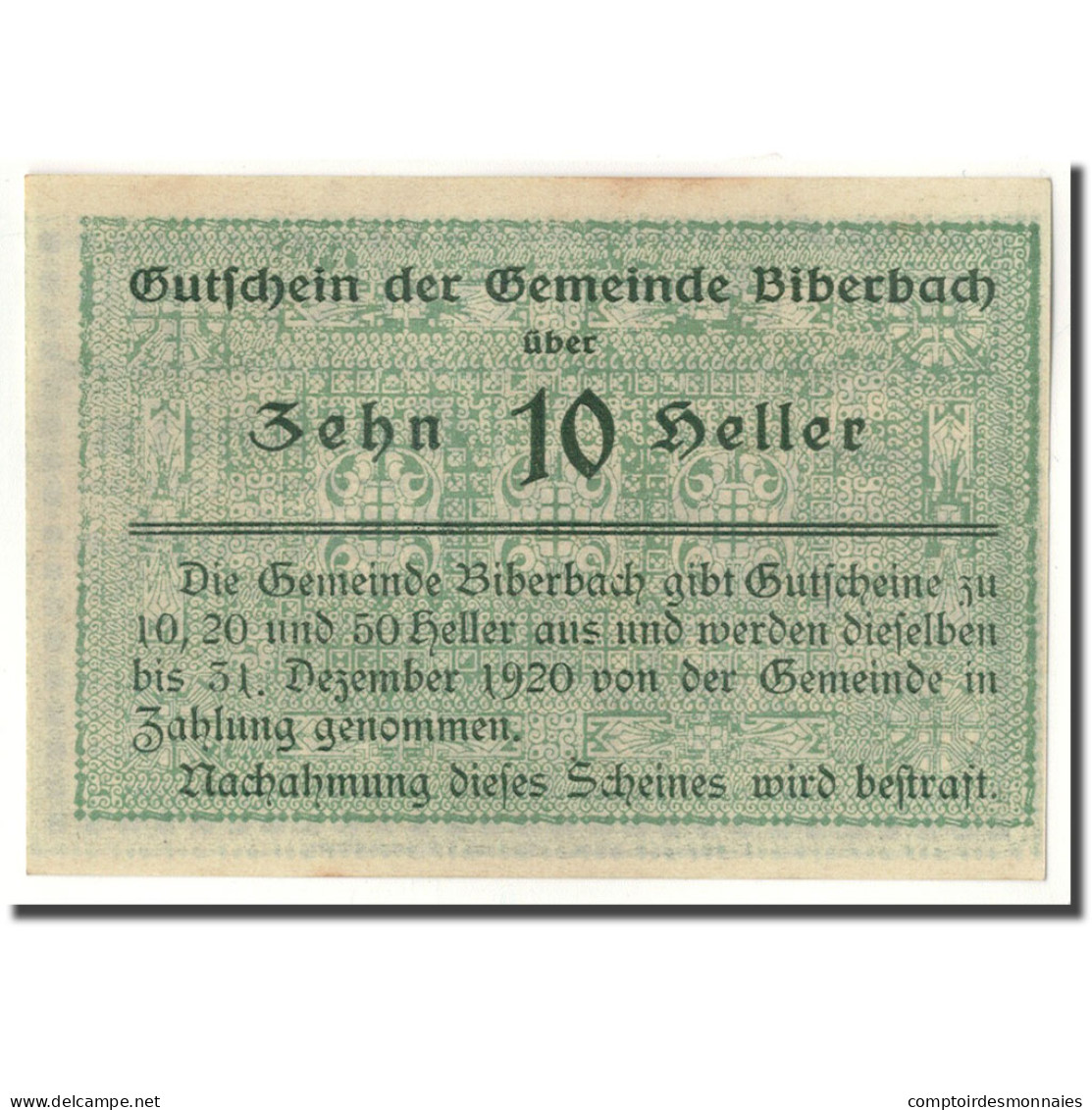 Billet, Autriche, Biberbach, 10 Heller, Paysage, SPL, Mehl:86 Ia - Oesterreich