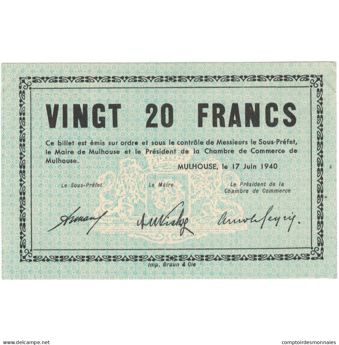 France, Mulhouse, 20 Francs, 1940, SPL - Bons & Nécessité